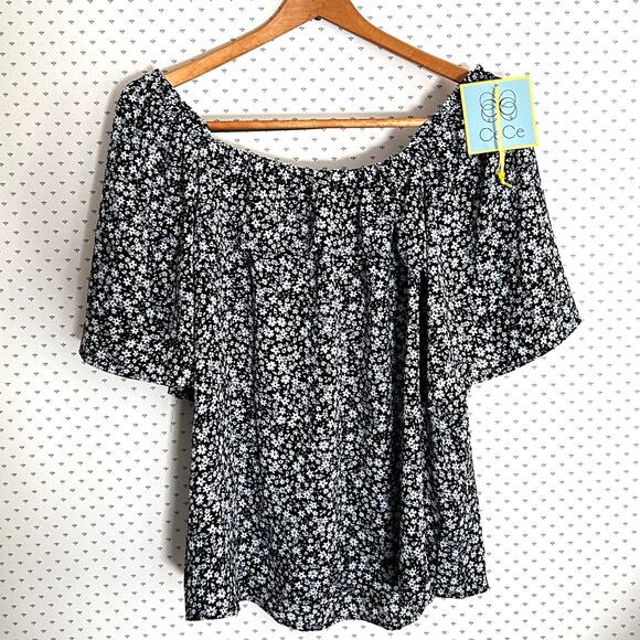 CeCe Square Neck Floral Blouse M Black White NWT Top Womens Flowy Demure Boho - Picture 3 of 6